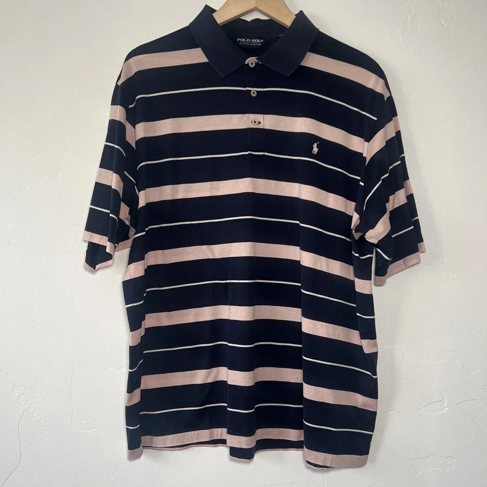 Polo Golf Ralph Lauren Men's XL Navy/Pink Striped 100% Pima Cotton